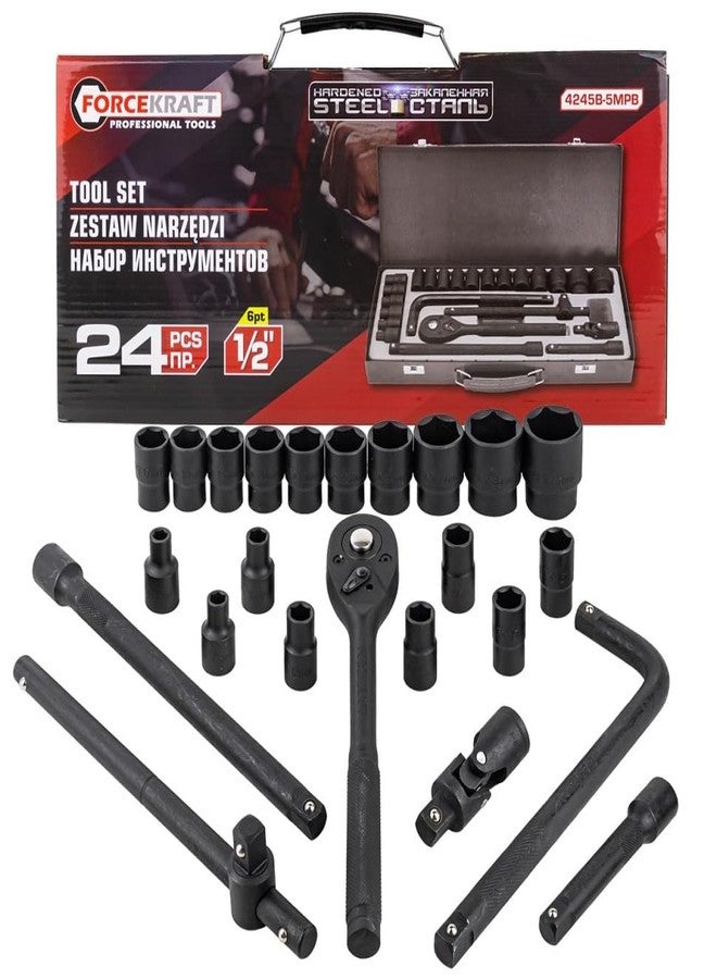 FORCEKRAFT Professional 24-Piece Socket Wrench Set | 1/2-Inch Drive Ratchet Tool Kit | Hardened Steel | Heavy-Duty Socket Set with Carry Case for Mechanic, Garage & DIY Use - Image 1